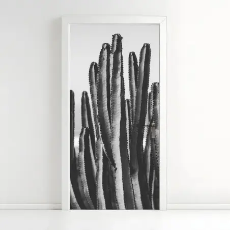 Adesivo per porta cactus in bianco e nero dettaglio verticale • Wallissimo®