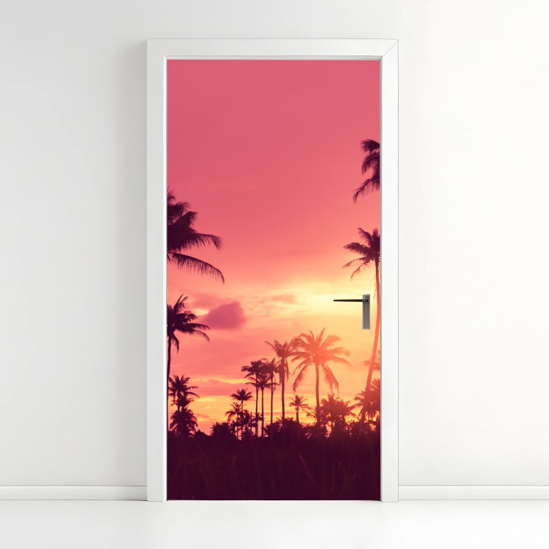 Adesivo per porta tramonto tropicale con palme in silhouette