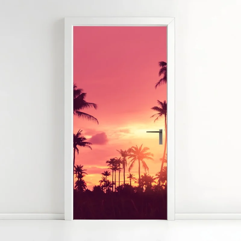 Adesivo per porta tramonto tropicale con palme in silhouette