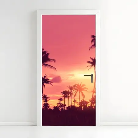 Adesivo per porta tramonto tropicale con palme in silhouette • Wallissimo®