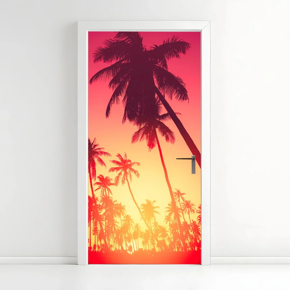 Adesivo per porta tramonto tropicale con palme in silhouette • Wallissimo® Adesivo per porta tramonto tropicale con palme in silhouette • Wallissimo®