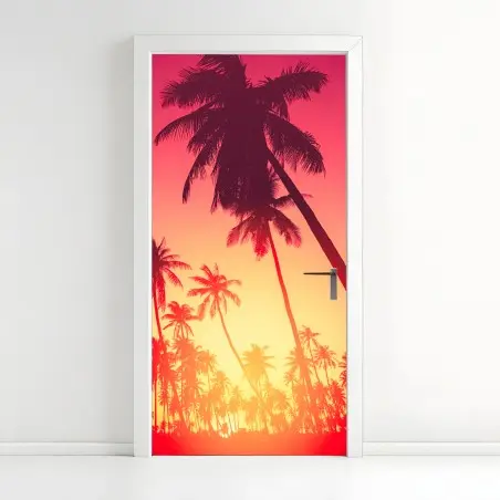 Adesivo per porta tramonto tropicale con palme in silhouette • Wallissimo®