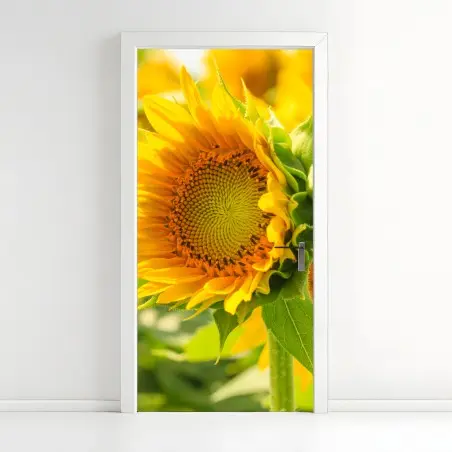 Adesivo per porta girasole in primo piano dal colore solare • Wallissimo®