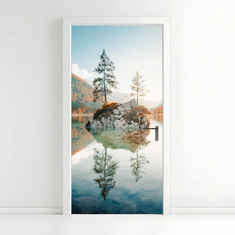 Adesivo per porta riflessi al tramonto sull'isola del lago Hintersee