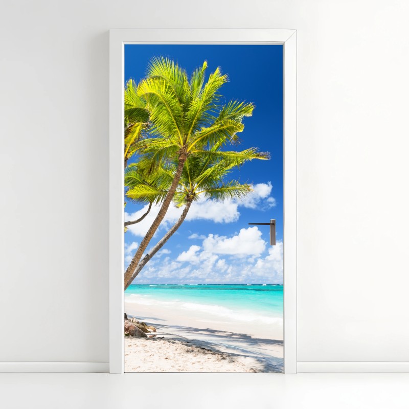 Adesivo per porta paradiso tropicale: palme su spiaggia bianca