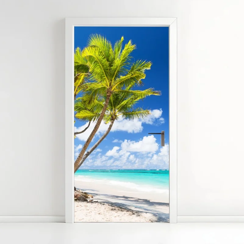 Adesivo per porta paradiso tropicale: palme su spiaggia bianca