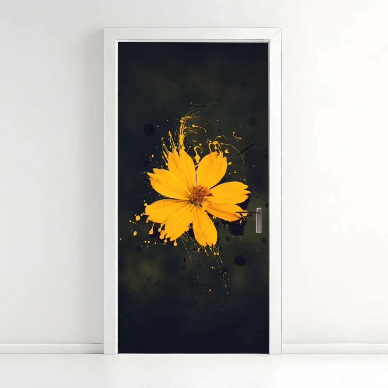Adesivo per porta fiore giallo su sfondo scuro in stile splash