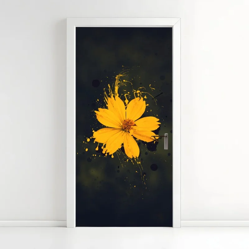 Adesivo per porta fiore giallo su sfondo scuro in stile splash