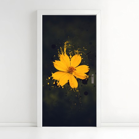 Adesivo per porta fiore giallo su sfondo scuro in stile splash • Wallissimo®