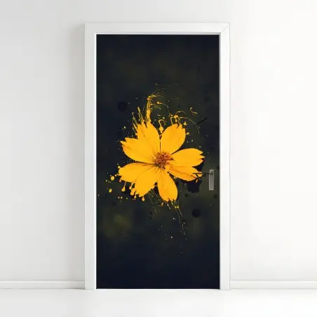 Adesivo per porta fiore giallo su sfondo scuro in stile splash • Wallissimo®