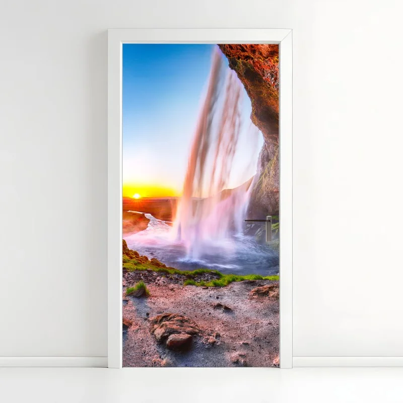 Adesivo per porta magia della cascata di Seljalandsfoss al tramonto, Islanda