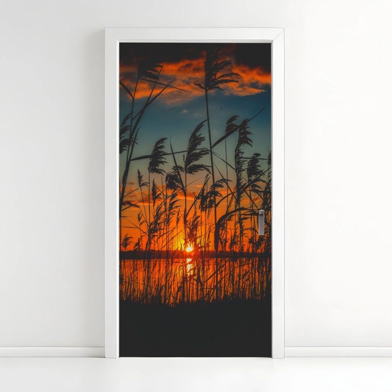 Adesivo per porta tramonto sulle rive: silhouette di canne al vento