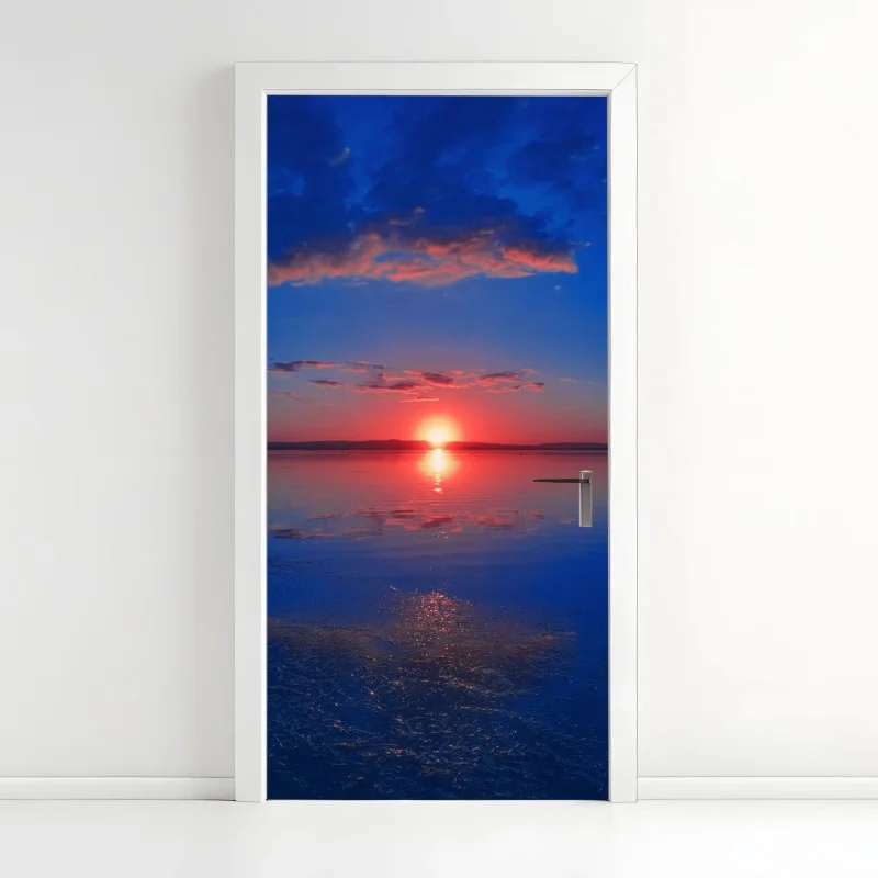 Adesivo per porta tramonto sul lago con riflesso