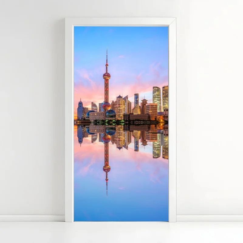 Adesivo per porta orizzonte di Shanghai al tramonto