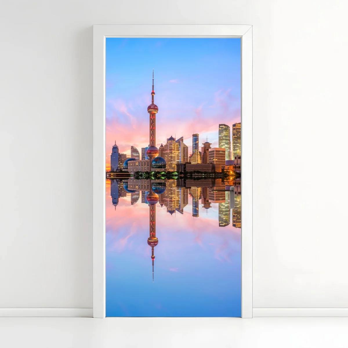 Adesivo per porta orizzonte di Shanghai al tramonto • Wallissimo® Adesivo per porta orizzonte di Shanghai al tramonto • Wallissimo®