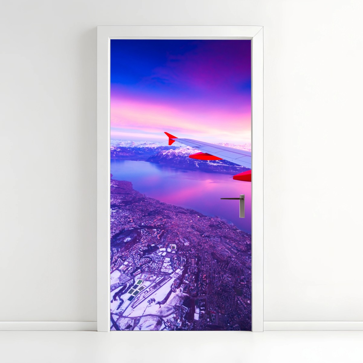 Adesivo per porta panorama aereo sul lago al tramonto • Wallissimo®