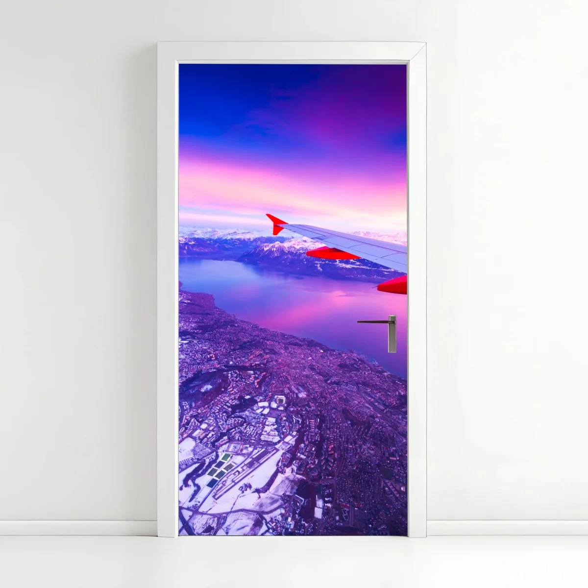 Adesivo per porta panorama aereo sul lago al tramonto • Wallissimo® Adesivo per porta panorama aereo sul lago al tramonto • Wallissimo®