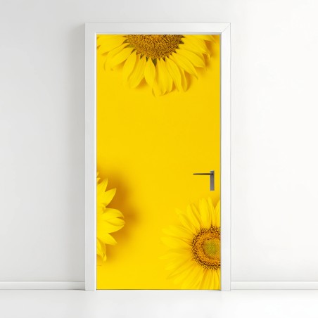 Adesivo per porta girasoli su sfondo giallo brillante • Wallissimo®