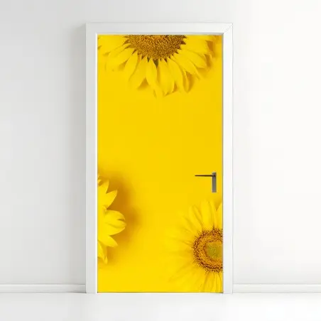 Adesivo per porta girasoli su sfondo giallo brillante • Wallissimo®