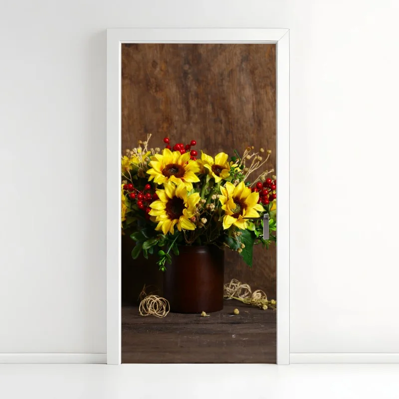 Adesivo per porta bouquet di girasoli autunnale su sfondo rustico