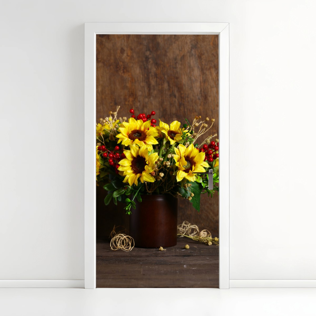 Adesivo per porta bouquet di girasoli autunnale su sfondo rustico • Wallissimo®