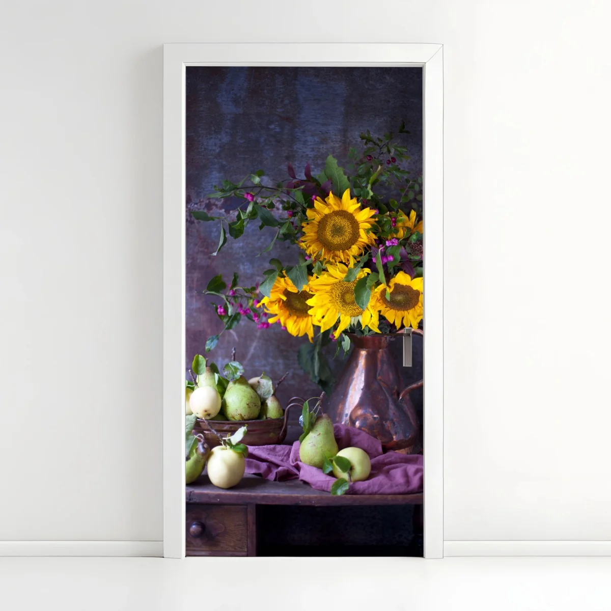 Adesivo per porta girasoli e pere su tavolo rustico • Wallissimo® Adesivo per porta girasoli e pere su tavolo rustico • Wallissimo®