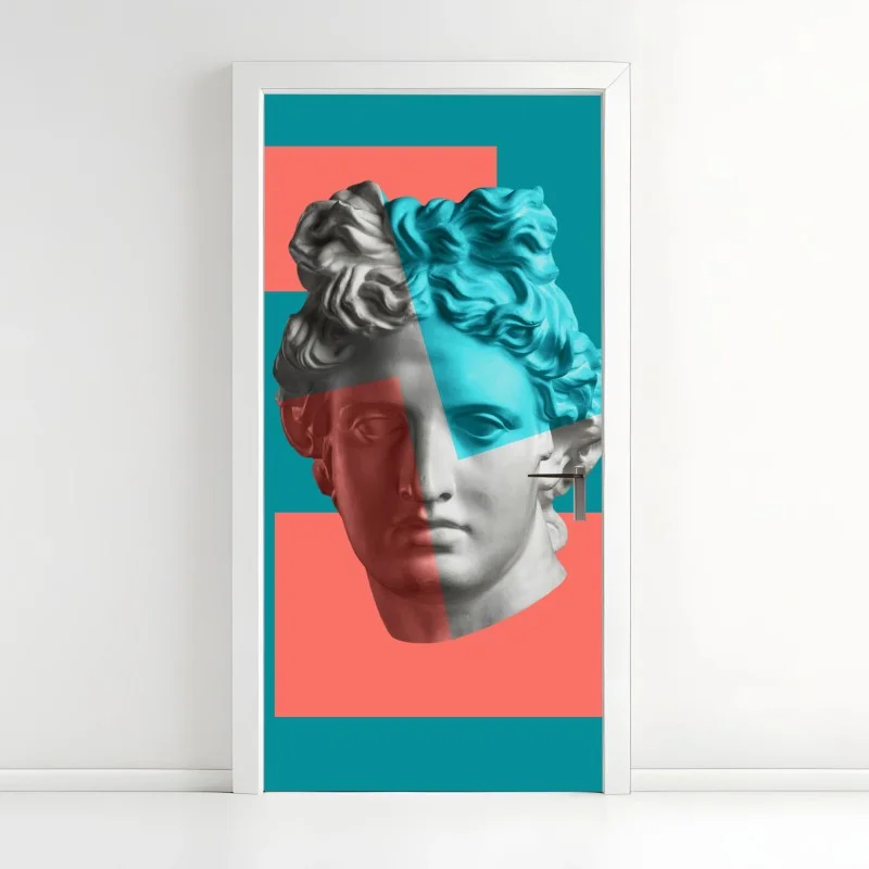 Adesivo per porta busto classico in chiave pop su sfondo colorato