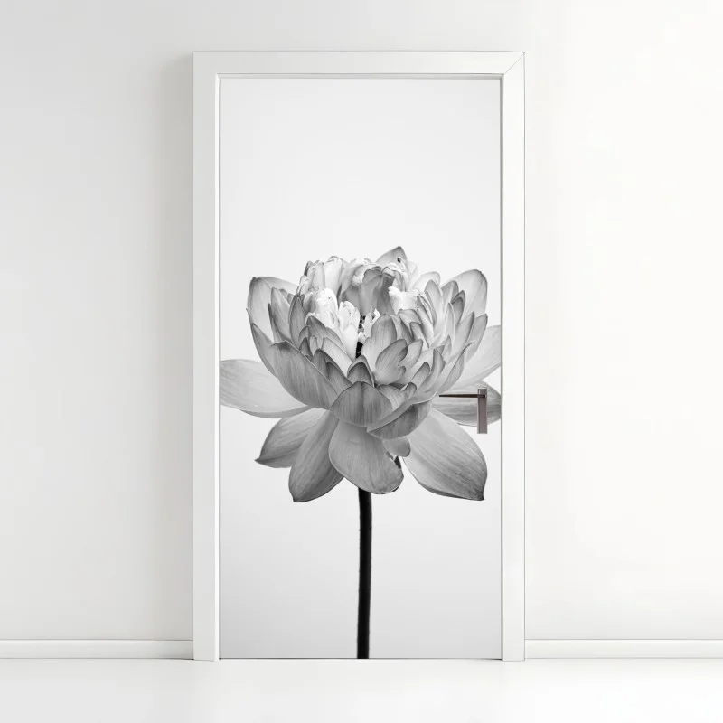 Adesivo per porta fioritura di loto in bianco e nero