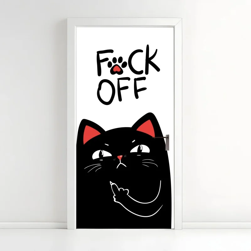 Adesivo per porta gatto irriverente con dito medio su sfondo bianco