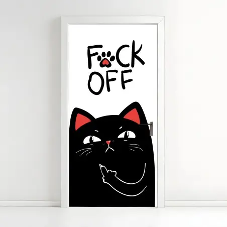 Adesivo per porta gatto irriverente con dito medio su sfondo bianco • Wallissimo®