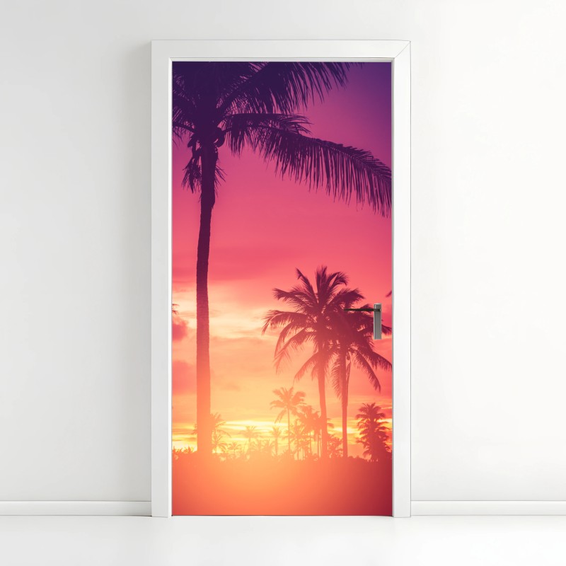 Adesivo per porta tramonto tropicale in silhouette