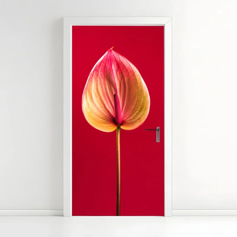 Adesivo per porta anturio su sfondo rosso in stile botanico minimalista