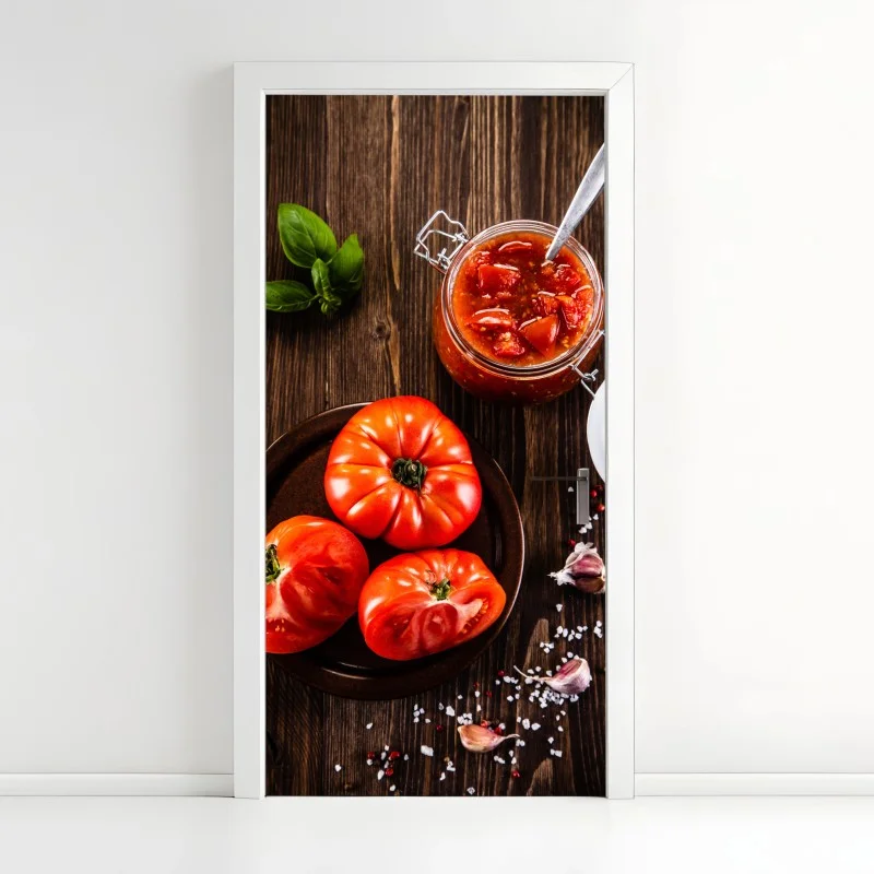 Adesivo per porta pomodori rustici con salsa e basilico