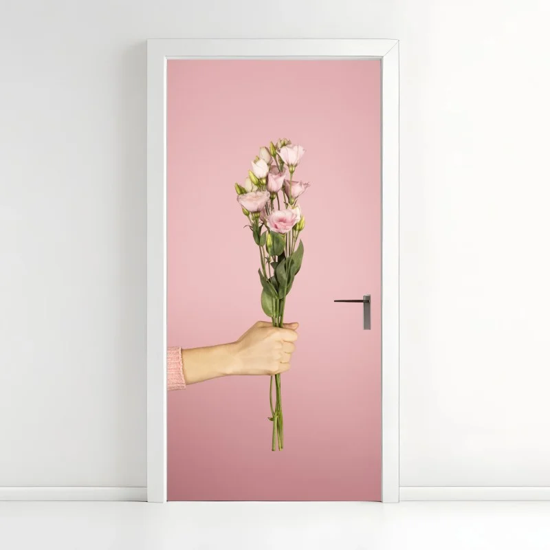 Adesivo per porta bouquet rosa elegante su sfondo pastello