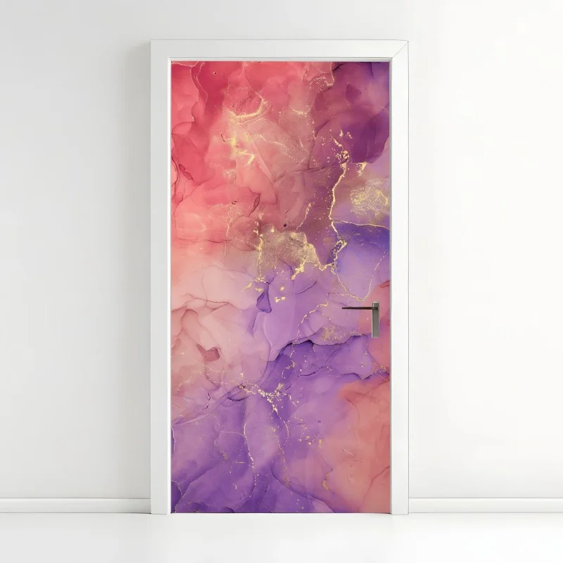 Adesivo per porta marmo liquido rosa e viola con venature dorate