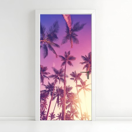 Adesivo per porta sotto le palme al tramonto • Wallissimo®