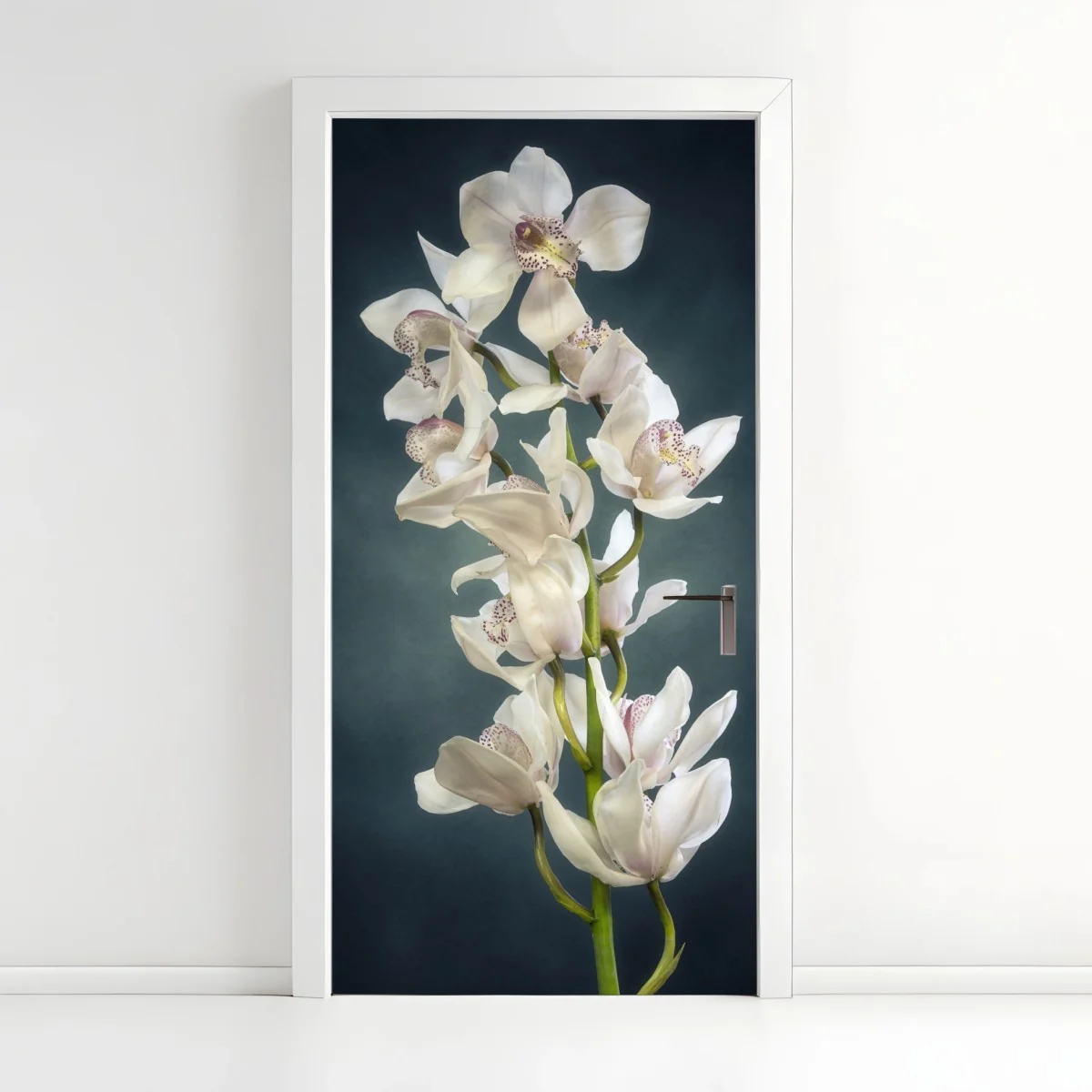 Adesivo per porta ramo di orchidee bianche su sfondo scuro • Wallissimo® Adesivo per porta ramo di orchidee bianche su sfondo scuro • Wallissimo®
