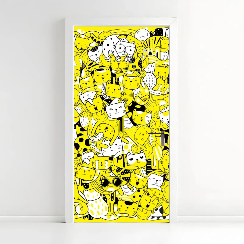 Adesivo per porta mosaico di gatti giocosi in giallo e nero