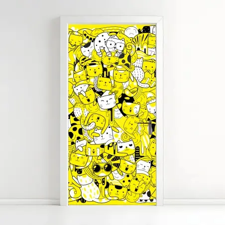 Adesivo per porta mosaico di gatti giocosi in giallo e nero • Wallissimo®