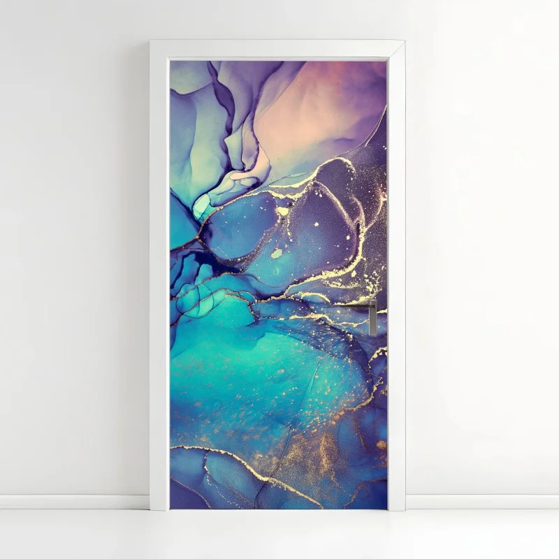 Adesivo per porta marea turchese: composizione astratta con venature dorate