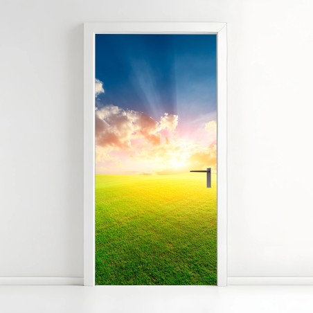 Adesivo per porta tramonto dorato sul prato infinito • Wallissimo®