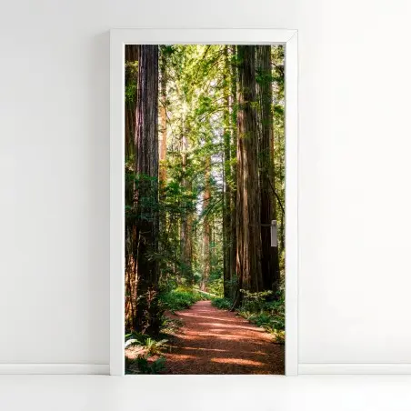 Adesivo per porta sentiero tra le sequoie maestose • Wallissimo®
