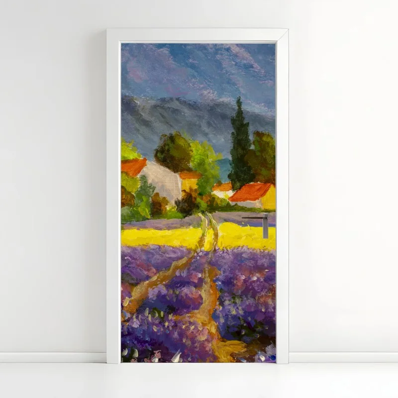 Adesivo per porta tramonto sui campi di lavanda