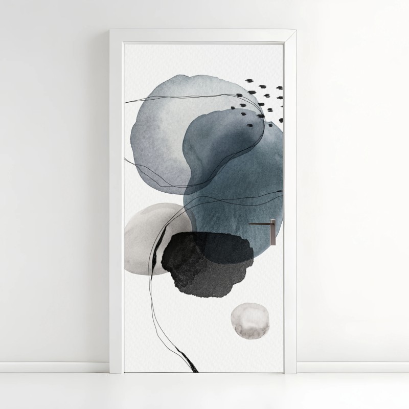 Adesivo per porta composizione astratta in acquerello blu e grigio