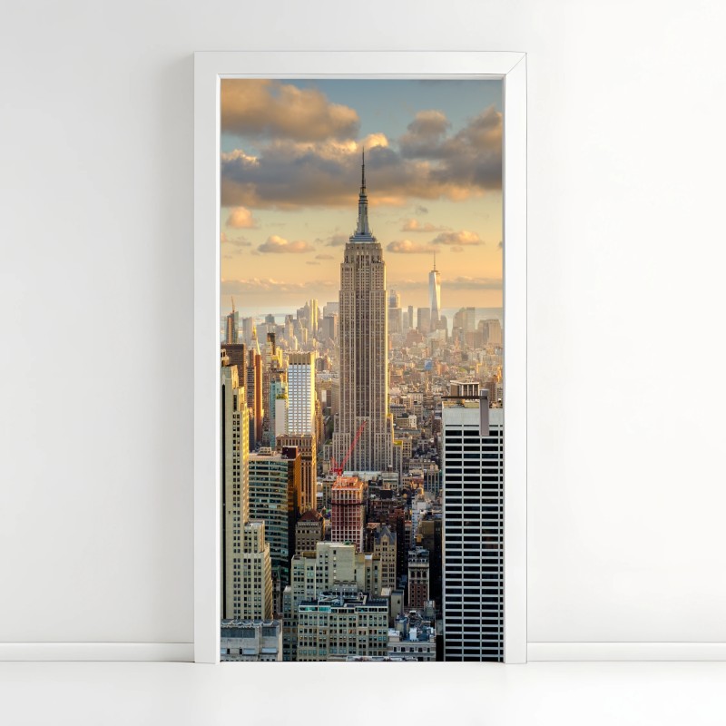 Adesivo per porta tramonto dorato su New York con Empire State Building