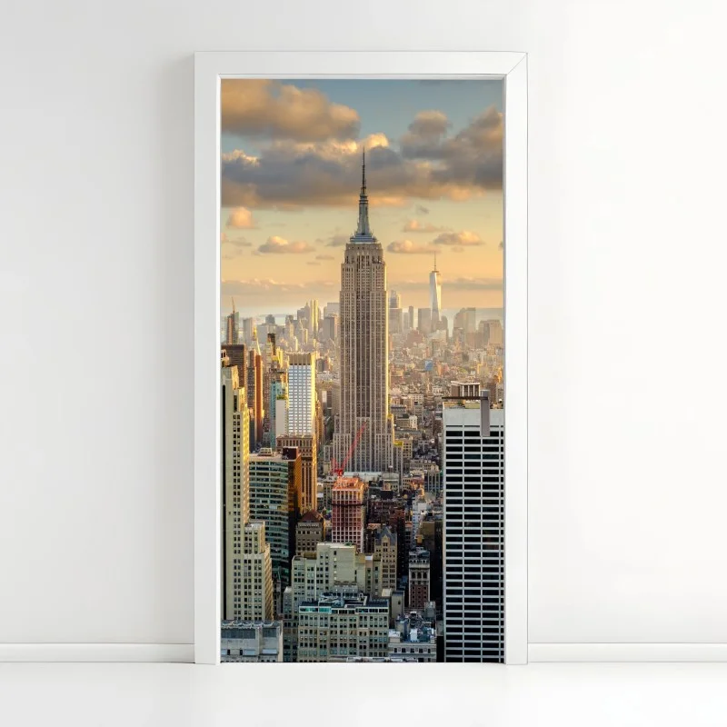 Adesivo per porta tramonto dorato su New York con Empire State Building