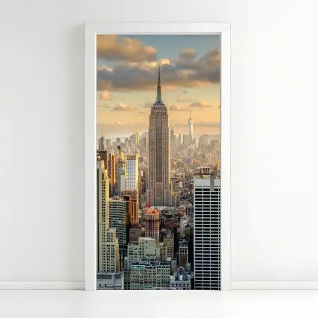 Adesivo per porta tramonto dorato su New York con Empire State Building • Wallissimo®