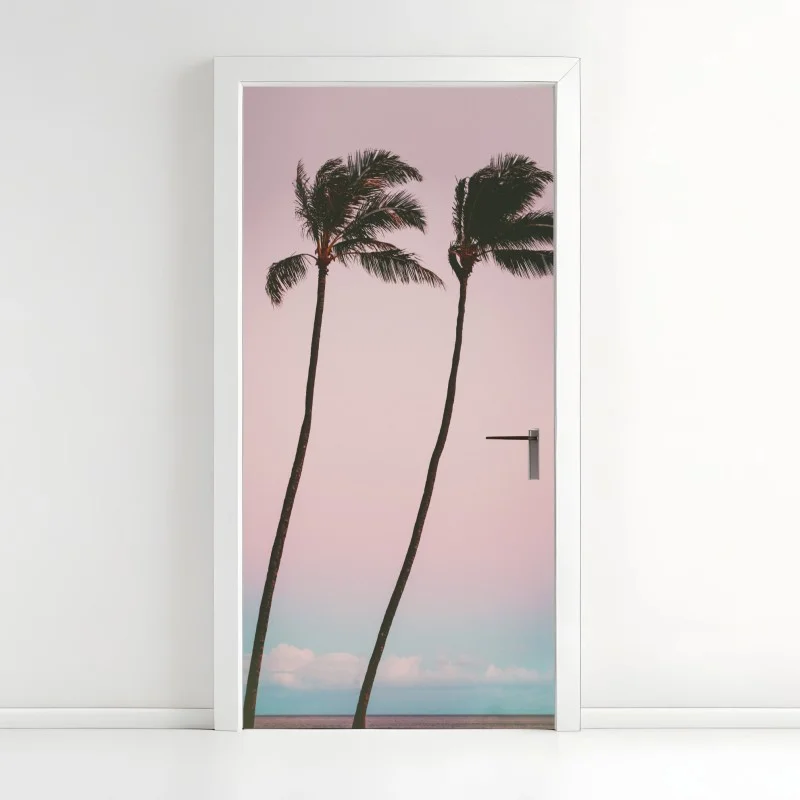 Adesivo per porta paesaggio tropicale minimal con palme al tramonto