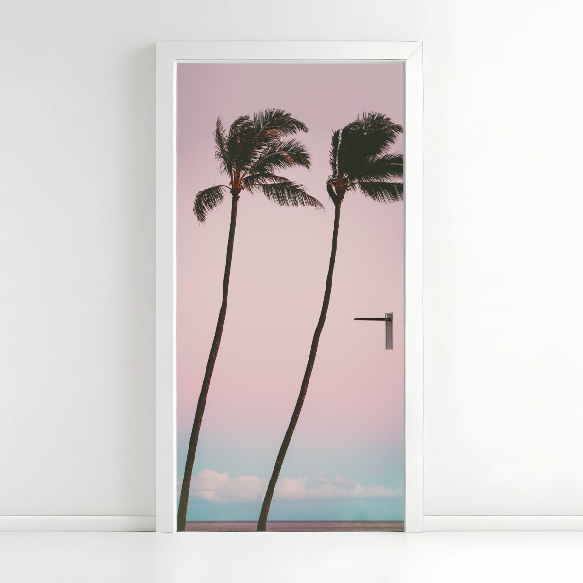 Adesivo per porta paesaggio tropicale minimal con palme al tramonto • Wallissimo®