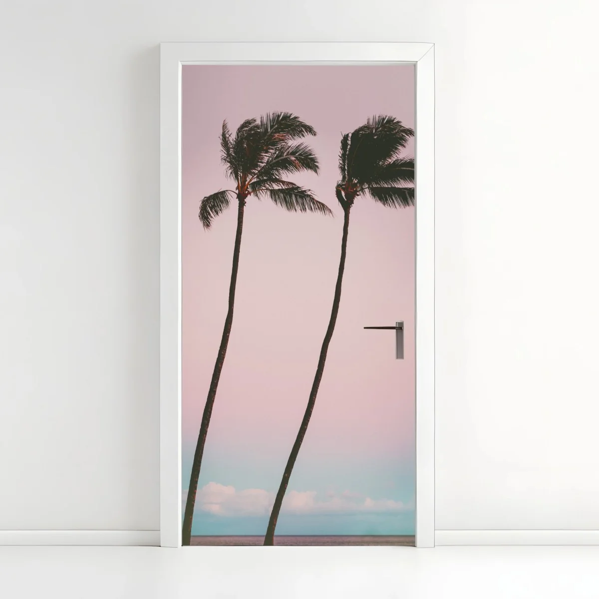 Adesivo per porta paesaggio tropicale minimal con palme al tramonto • Wallissimo® Adesivo per porta paesaggio tropicale minimal con palme al tramonto • Wallissimo®